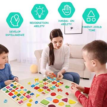 Wooden Puzzles for Toddlers - Wood Alphabet Number Shape Learning Puzzle for Kids Ages 2 3 4 5 - Boy...