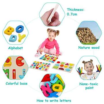 Wooden Puzzles for Toddlers - Wood Alphabet Number Shape Learning Puzzle for Kids Ages 2 3 4 5 - Boys Girls Preschool Educational Toys Gift