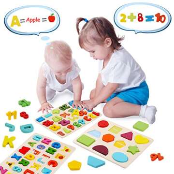 Wooden Puzzles for Toddlers - Wood Alphabet Number Shape Learning Puzzle for Kids Ages 2 3 4 5 - Boys Girls Preschool Educational Toys Gift