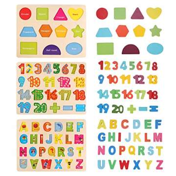 Wooden Puzzles for Toddlers - Wood Alphabet Number Shape Learning Puzzle for Kids Ages 2 3 4 5 - Boys Girls Preschool Educational Toys Gift