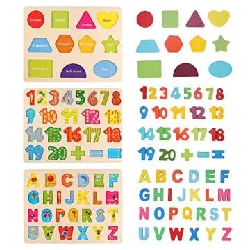 Wooden Puzzles for Toddlers - Wood Alphabet Number Shape Learning Puzzle for Kids Ages 2 3 4 5 - Boys Girls Preschool Educational Toys Gift