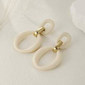 RUOFFETA Acrylic Rectangle Earrings, Fashion Acrylic Square/Oval/Hoop Statement Drop Earrings for Women(Cream White Oval)