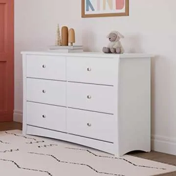 Storkcraft Crescent 6 Drawer Double Dresser (White) – GREENGUARD Gold Certified, Kids Dresser Drawer Organizer For Nursery, Chest of Drawers