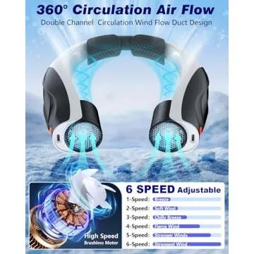 AI Neck Fan, 6 Speeds Powerful Portable Fan, 6000mAh Long-Lasting Battery Faster Cooling, USB-C Rechargeable, Ultra-Quiet, Hands-Free, 360° Airflow, Personal Fan for Women Men Office Travel Outdoor