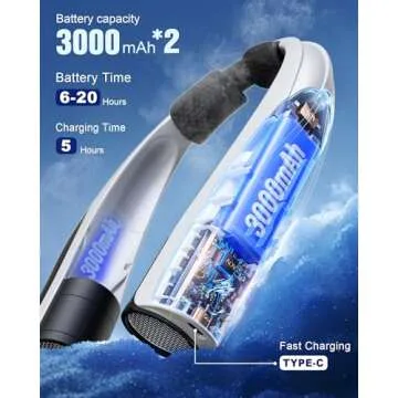 AI Neck Fan, 6 Speeds Powerful Portable Fan, 6000mAh Long-Lasting Battery Faster Cooling, USB-C Rechargeable, Ultra-Quiet, Hands-Free, 360° Airflow, Personal Fan for Women Men Office Travel Outdoor