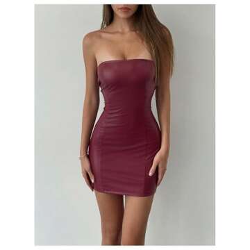 SOLY HUX Women's PU Leather Strapless Mini Tube Dress Y2k Bodycon Sexy Party Club Dresses Plain Burgundy Medium
