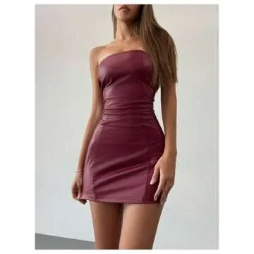 SOLY HUX Women's PU Leather Strapless Mini Tube Dress Y2k Bodycon Sexy Party Club Dresses Plain Burgundy Medium