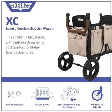 Keenz XC 2.0 - Luxury Comfort Stroller Wagon | Foldable 2 Passenger Double Seater with Adjustable Canopy | Mocha