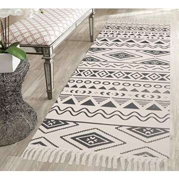 HEBE Cotton Rugs Set 2 Packs Machine Washable 2'x3'+2'x4.2' Printed Black White Geometric Cotton Area Rug Set with Tassels Hand Woven Cotton Rug Runner for Living Room Bedside Carpet