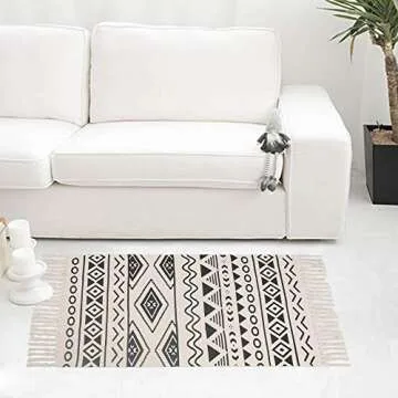 HEBE Cotton Rugs Set 2 Packs Machine Washable 2'x3'+2'x4.2' Printed Black White Geometric Cotton Area Rug Set with Tassels Hand Woven Cotton Rug Runner for Living Room Bedside Carpet