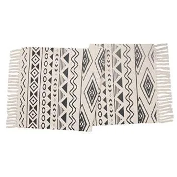 HEBE Cotton Rugs Set 2 Packs Machine Washable 2'x3'+2'x4.2' Printed Black White Geometric Cotton Area Rug Set with Tassels Hand Woven Cotton Rug Runner for Living Room Bedside Carpet