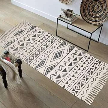 HEBE Cotton Rugs Set 2 Packs Machine Washable 2'x3'+2'x4.2' Printed Black White Geometric Cotton Area Rug Set with Tassels Hand Woven Cotton Rug Runner for Living Room Bedside Carpet