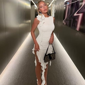 KMBANGI Women Ruffles Mesh Dress Floral Tassels Strapless