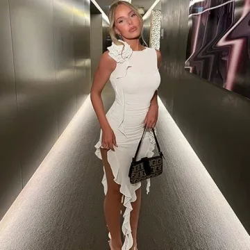 KMBANGI Women Ruffles Mesh Dress Floral Tassels Strapless