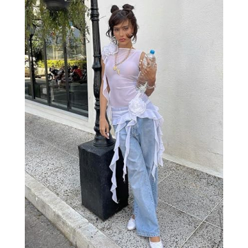 KMBANGI Women Ruffles Mesh Dress Floral Tassels Strapless