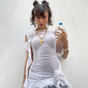 KMBANGI Women Ruffles Mesh Dress Floral Tassels Strapless