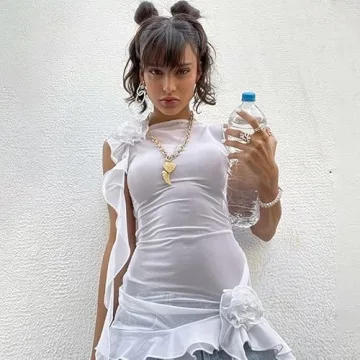 KMBANGI Women Ruffles Mesh Dress Floral Tassels Strapless