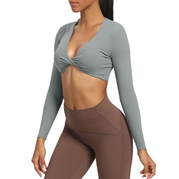 Aoxjox Long Sleeve Crop Top for Women Sienna Twist Deep V Workout Elegance