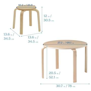 ECR4Kids Bentwood Round Table and Stool Set, Kids Furniture, Natural, 5-Piece