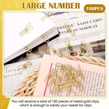 100 Pcs Paper Clips Metal Wire Hollow Out Clips Multi Purpose Utility Clips Invoice Bill Paper Clips Stainless Steel Hanging Clothes Pins for School Kitchen Outdoor Office (Gold,Small)