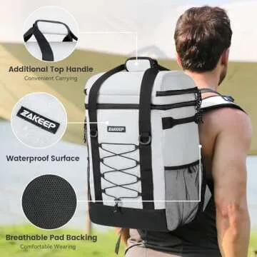 ZAKEEP Cooler Backpack, 36 Cans Multifunctional Leakproof Cooler Backpack with Padded Top Handle, Mesh Pocket for Camping BBQ (White)