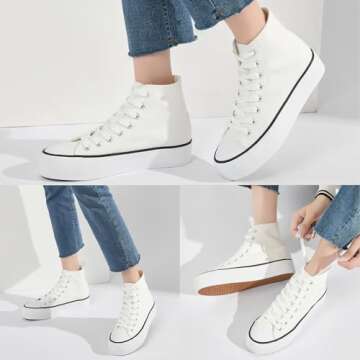 FRACORA Womens High Top Canvas Shoes White Black Platform Sneakers Lace Up Shoes for Women Casual(White,US6)