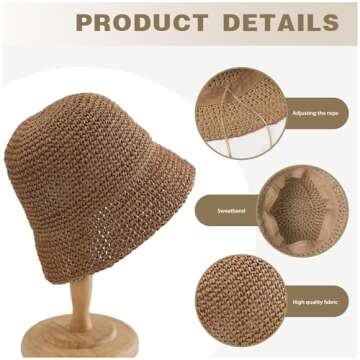 Straw Hats Sun Hat Beach Hat Summer Foldable Wide Brim Sun Hat Bucket Hat for Womens Travel Packable Roll Up Sun Hat,Khaki