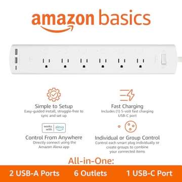 Amazon Basics Smart Plug Power Strip with 6 Individually Controlled Outlets and 3 USB Ports
