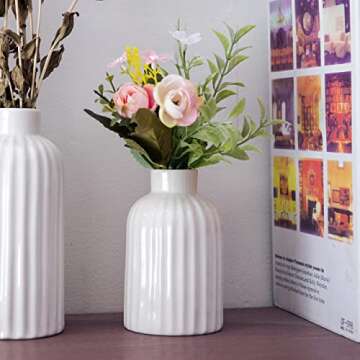 Vellarr Set of 3 White Ceramic Vase, Smooth Glaze Finish Flower Vases, Gift for Wedding Special Occasion Dried Floral Arrangements Home Office Spa Decor (3 Sizes in Gift Box) (Ivory Color)