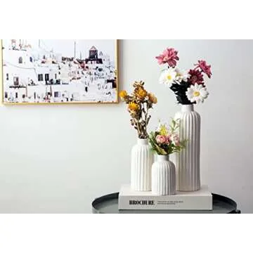 Vellarr Set of 3 White Ceramic Vase, Smooth Glaze Finish Flower Vases, Gift for Wedding Special Occasion Dried Floral Arrangements Home Office Spa Decor (3 Sizes in Gift Box) (Ivory Color)