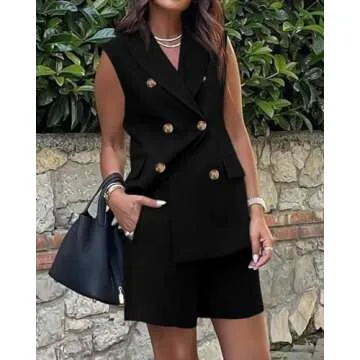 BTFBM Women's Casual Blazer Vest Shorts Matching Sets