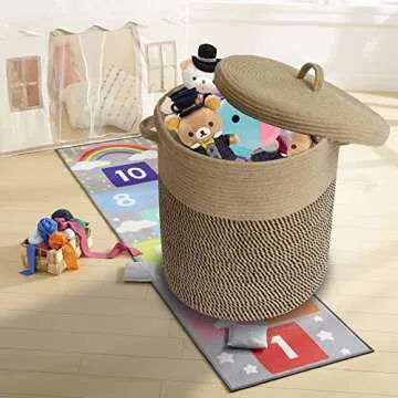 Extra Large Storage Basket with Lid 60L, 16"Wx18"H Woven Laundry Basket with Lid Jute Laundry Basket...