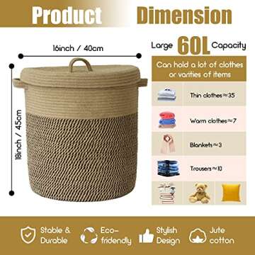 Extra Large Storage Basket with Lid 60L, 16"Wx18"H Woven Laundry Basket with Lid Jute Laundry Basket, Wicker Basket Blankets Pillows Storage in Living Room Baby Nursery, Jute/Black Mix with Lid