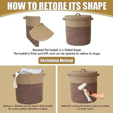 Extra Large Storage Basket with Lid 60L, 16"Wx18"H Woven Laundry Basket with Lid Jute Laundry Basket, Wicker Basket Blankets Pillows Storage in Living Room Baby Nursery, Jute/Black Mix with Lid