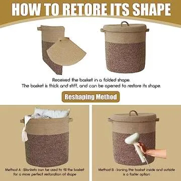 Extra Large Storage Basket with Lid 60L, 16"Wx18"H Woven Laundry Basket with Lid Jute Laundry Basket, Wicker Basket Blankets Pillows Storage in Living Room Baby Nursery, Jute/Black Mix with Lid