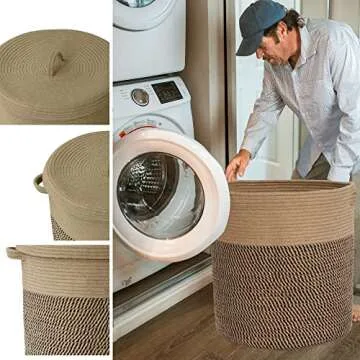 Extra Large Storage Basket with Lid 60L, 16"Wx18"H Woven Laundry Basket with Lid Jute Laundry Basket, Wicker Basket Blankets Pillows Storage in Living Room Baby Nursery, Jute/Black Mix with Lid