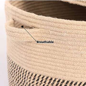 Extra Large Storage Basket with Lid 60L, 16"Wx18"H Woven Laundry Basket with Lid Jute Laundry Basket, Wicker Basket Blankets Pillows Storage in Living Room Baby Nursery, Jute/Black Mix with Lid