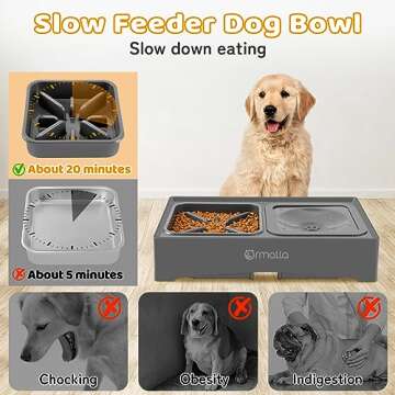 Ormalla Elevated Slow Feeder Dog Bowls with No Spill Dog Water Bowl, Raised Dog Bowl for Large Medium Small Dogs, Dog Food Bowl Stand with Raised Splash Guard, 4 Heights 3.7", 8.5", 10.1", 11.7",Grey