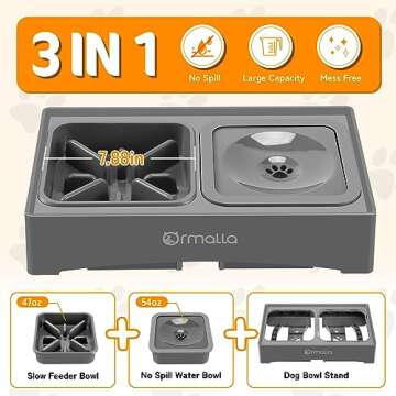 Ormalla Elevated Slow Feeder Dog Bowls with No Spill Dog Water Bowl, Raised Dog Bowl for Large Medium Small Dogs, Dog Food Bowl Stand with Raised Splash Guard, 4 Heights 3.7", 8.5", 10.1", 11.7",Grey