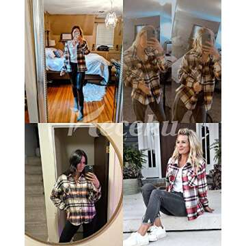 Womens Casual Oversized Long Sleeve Flannel Plaid Blouses Tops Button Down Jacket Orange X-Large