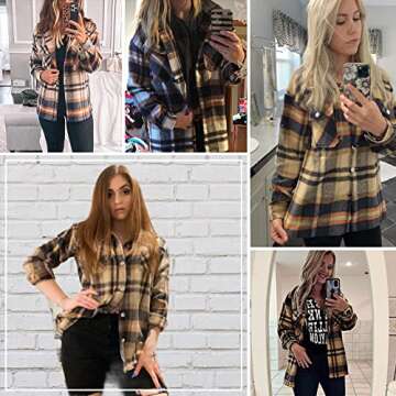 Womens Casual Oversized Long Sleeve Flannel Plaid Blouses Tops Button Down Jacket Orange X-Large