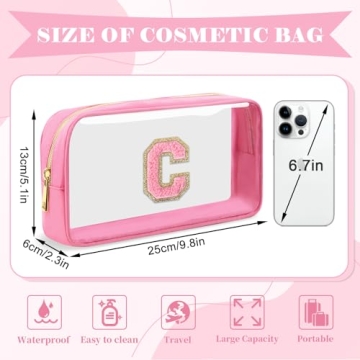 Personalized Initial Letter Clear Makeup Bag with Chenille Patch, Trendy Travel Cosmetic Organizer f...