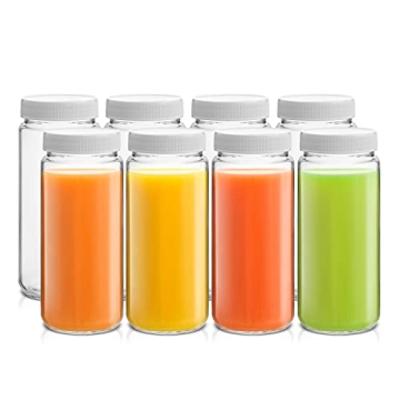JoyJolt 16 oz Reusable Glass Bottles with Caps - Set of 8 Juicing Bottles and Juice Jar Labels