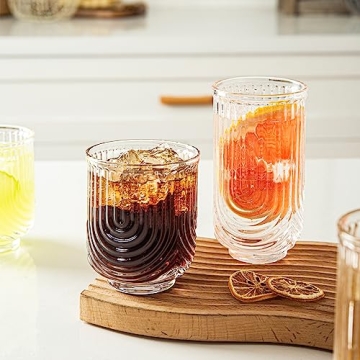 INSETLAN Vintage Glassware Arch Design Glass cups Set of 4, Fashioned Ripple Glassware Highball Glass, Classic Transparent Cocktail Glasses, for Bar Beverages Ice Coffee Juice Water (4pcs-S)
