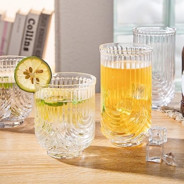 INSETLAN Vintage Glassware Arch Design Glass cups Set of 4, Fashioned Ripple Glassware Highball Glass, Classic Transparent Cocktail Glasses, for Bar Beverages Ice Coffee Juice Water (4pcs-S)