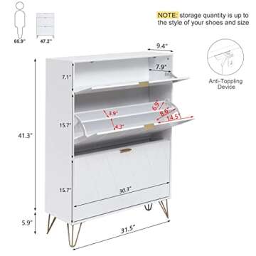 UEV Shoe Cabinet,Freestanding Shoe Rack Storage Organizer with Drawers & Metal Legs,Modern Shoe Storage Cabinet with 3 Flip Drawers for Entryway (White)