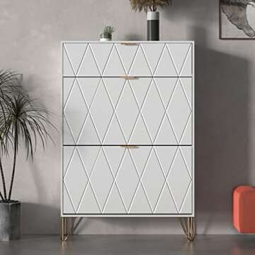 UEV Shoe Cabinet,Freestanding Shoe Rack Storage Organizer with Drawers & Metal Legs,Modern Shoe Storage Cabinet with 3 Flip Drawers for Entryway (White)