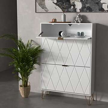 UEV Shoe Cabinet,Freestanding Shoe Rack Storage Organizer with Drawers & Metal Legs,Modern Shoe Storage Cabinet with 3 Flip Drawers for Entryway (White)