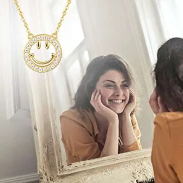 YKYLHSYXR Good Luck Happy-Face Necklaces Rings Stud-Earrings - Dainty Happy face Jewelry with CZ Sim...