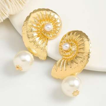 Conch Earrings for Women Chunky Conch Shell Earring Vintage Spiral Wire Drop Dangle Earrings Sea Shell Stud Earrings Beach Jewelry (Golden pearl conch)